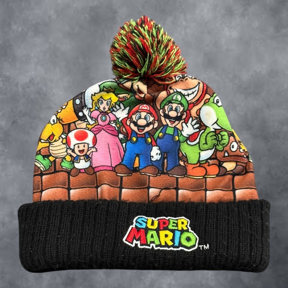 Nintendo Super Mario Bros Character Print Beanie Hat Black Cuff Pom Pom Gamer